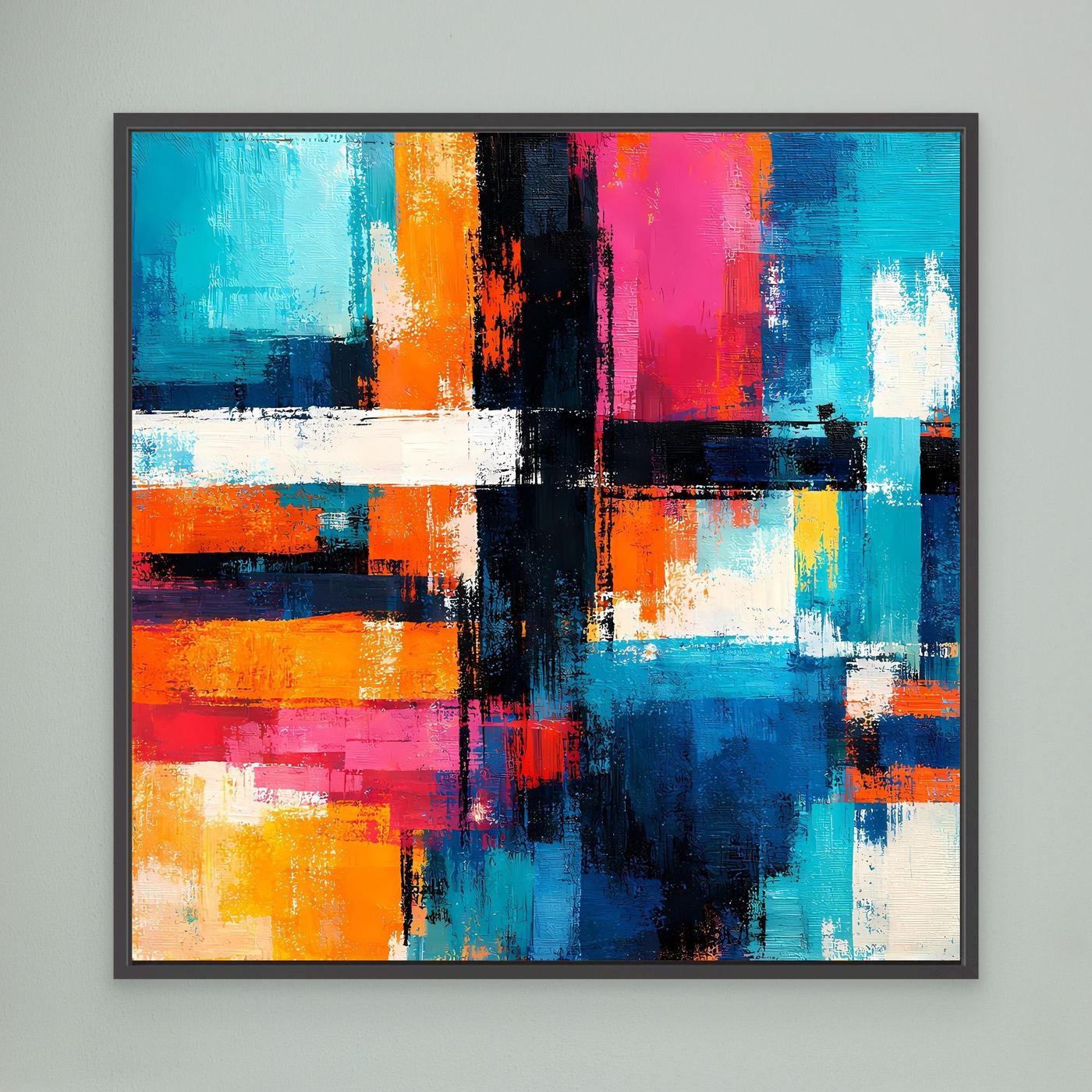 Abstract geometric wall art, multicolor blocks and bars with dark lines, black frame