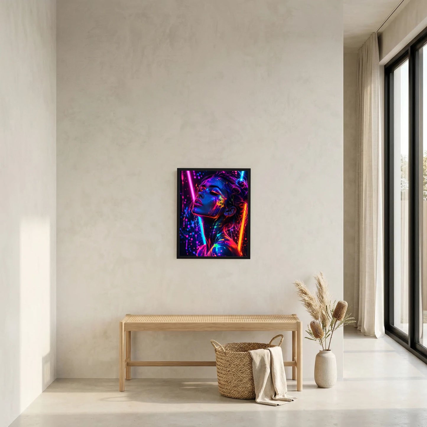 Wandposter mit Neon-Frau-Motiv, buntes Licht und Spritzer, im schwarzen Rahmen