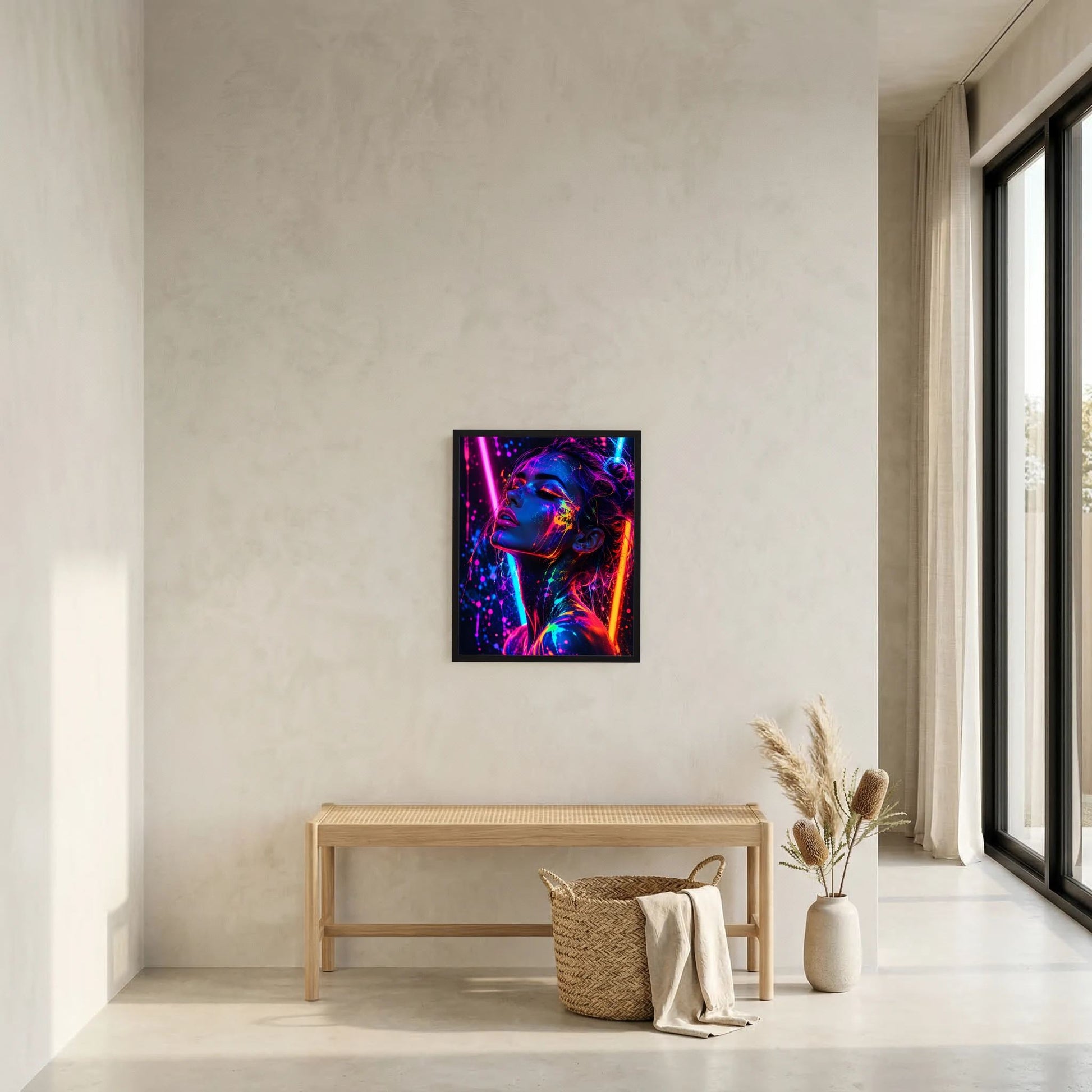 Wandposter mit Neon-Frau-Motiv, buntes Licht und Spritzer, im schwarzen Rahmen