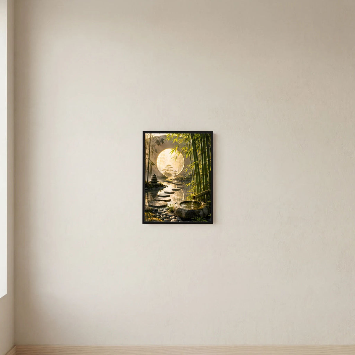 Zen-Garten-Poster mit rundem Mondtor, Bambuswald und Trittsteinen, schwarzer Rahmen