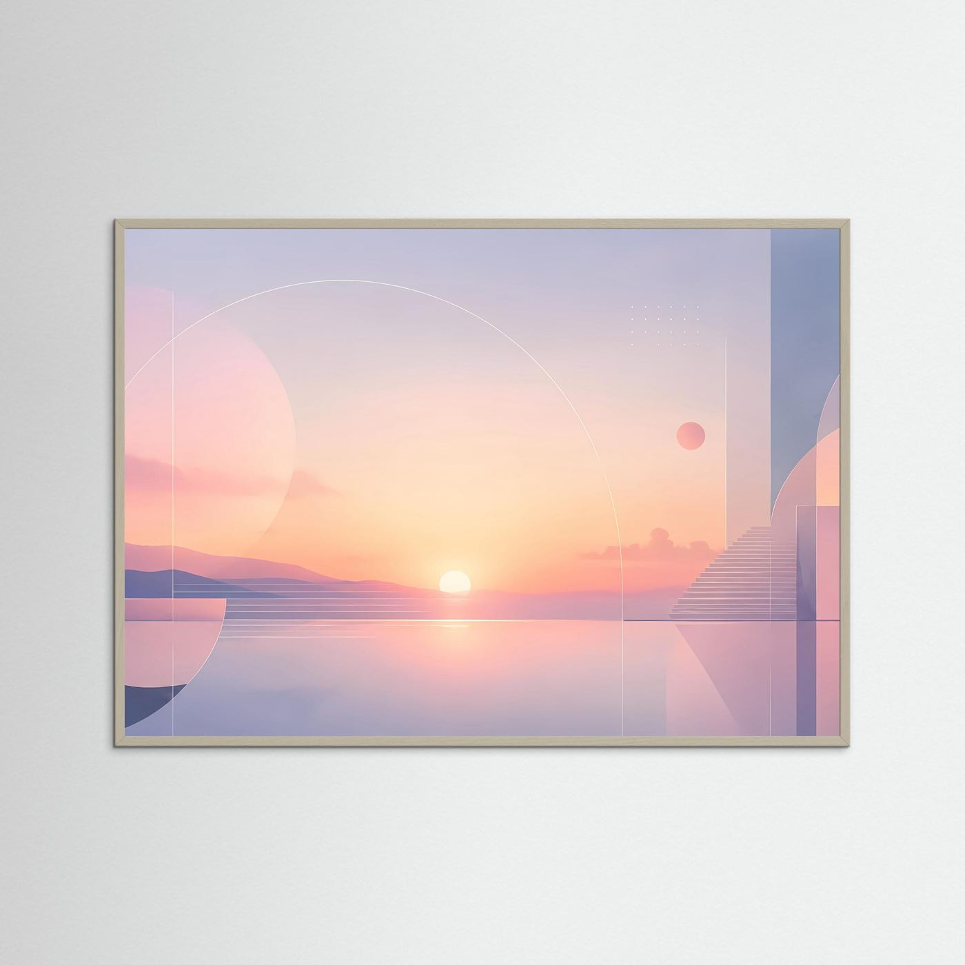 Querformat-Poster im hellen Holzrahmen mit pastellfarbener Sonnenlandschaft