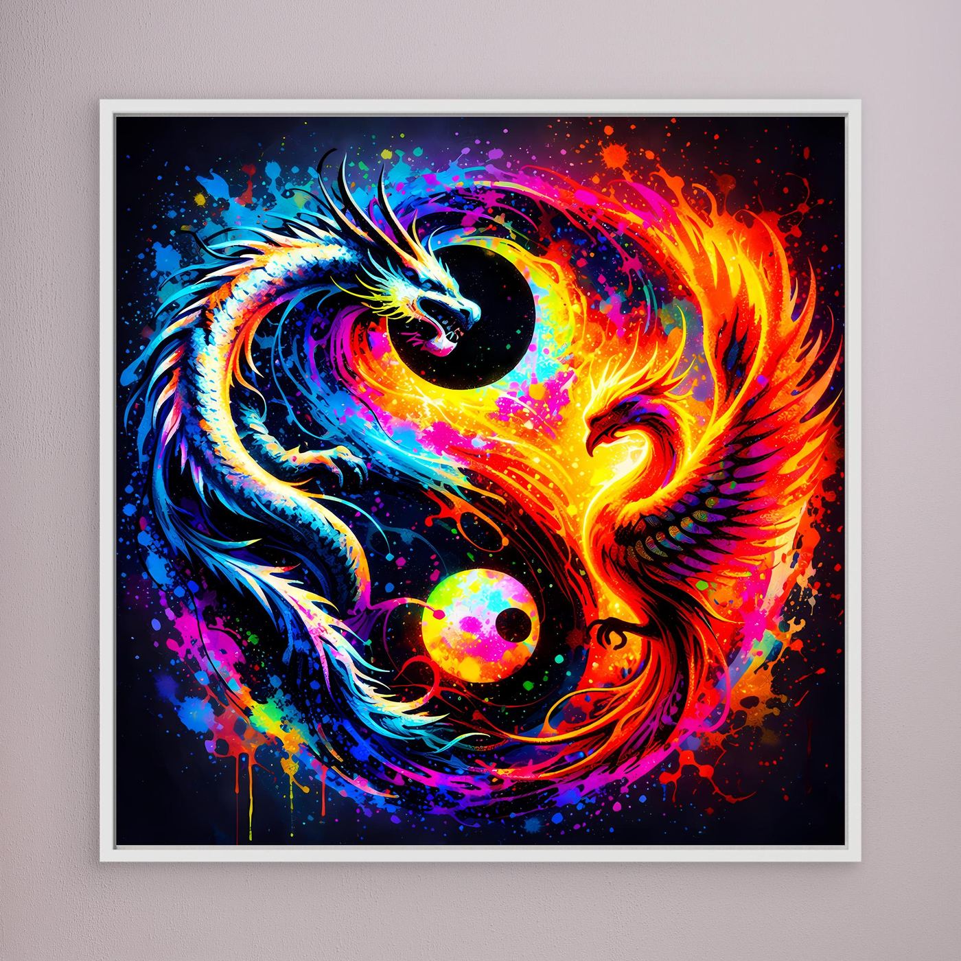 Gerahmtes Leinwandbild mit Drachen- und Phönix-Motiv im Yin-Yang, weißer Rahmen