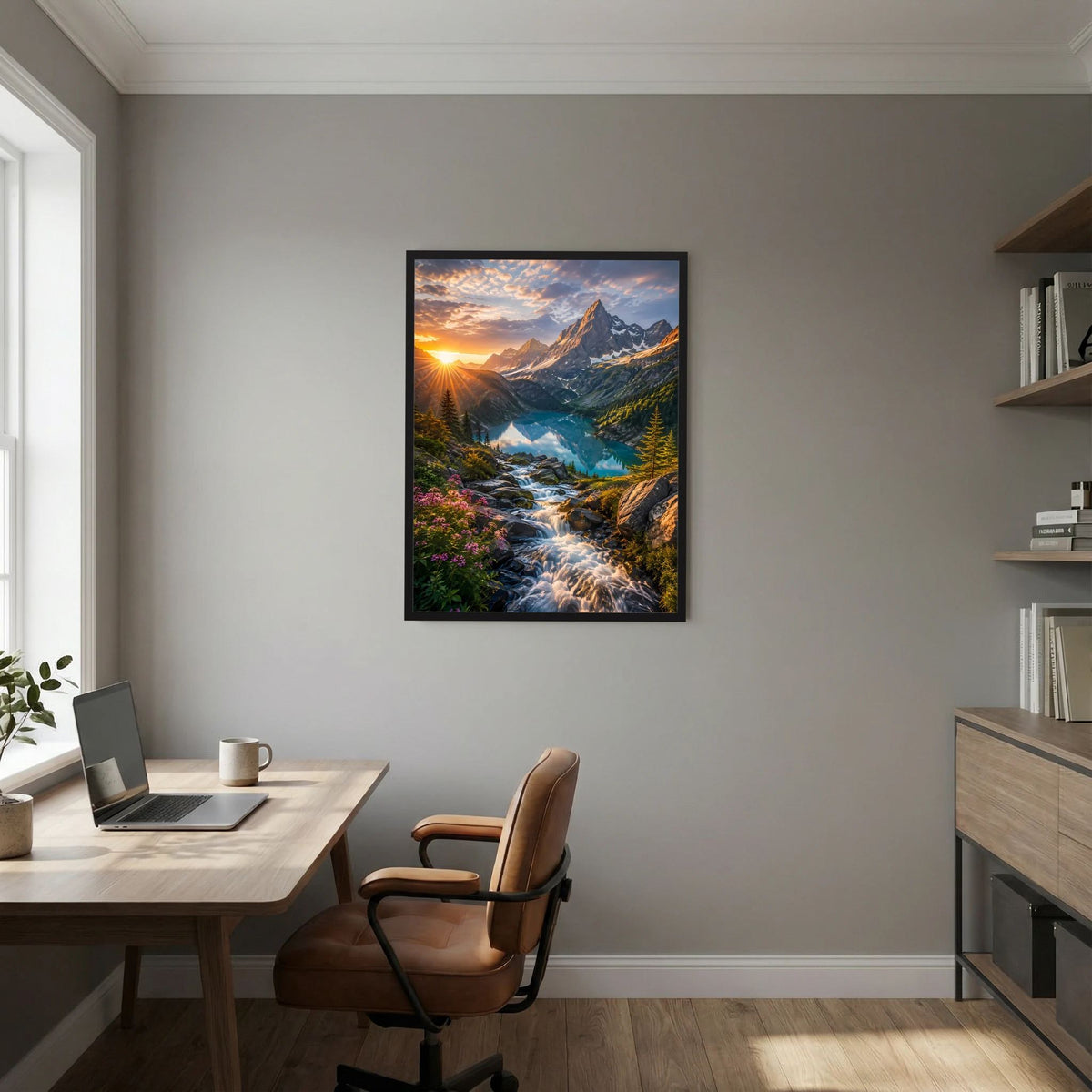 Wandposter Hochformat mit Flusslauf durch Felsen, Bergkulisse und Sonnenaufgangsfarben