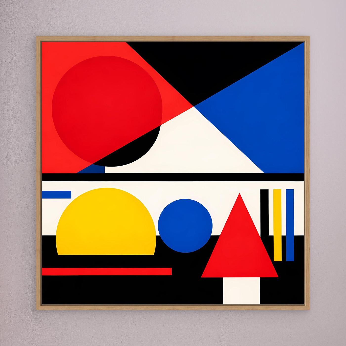 Leinwandbild geometrische Abstraktion mit roten, blauen und gelben Flächen, brauner Holzrahmen