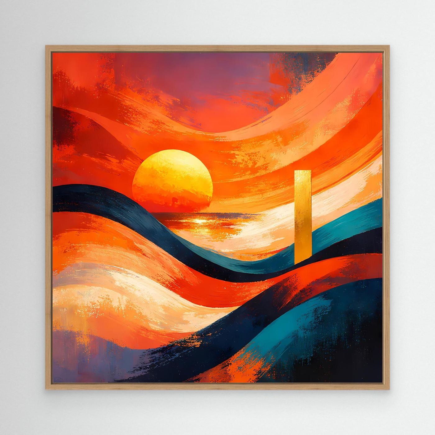 Leinwandbild mit hellem Holzrahmen: abstrakte Sonnenuntergangs-Küste in Orange und Blau