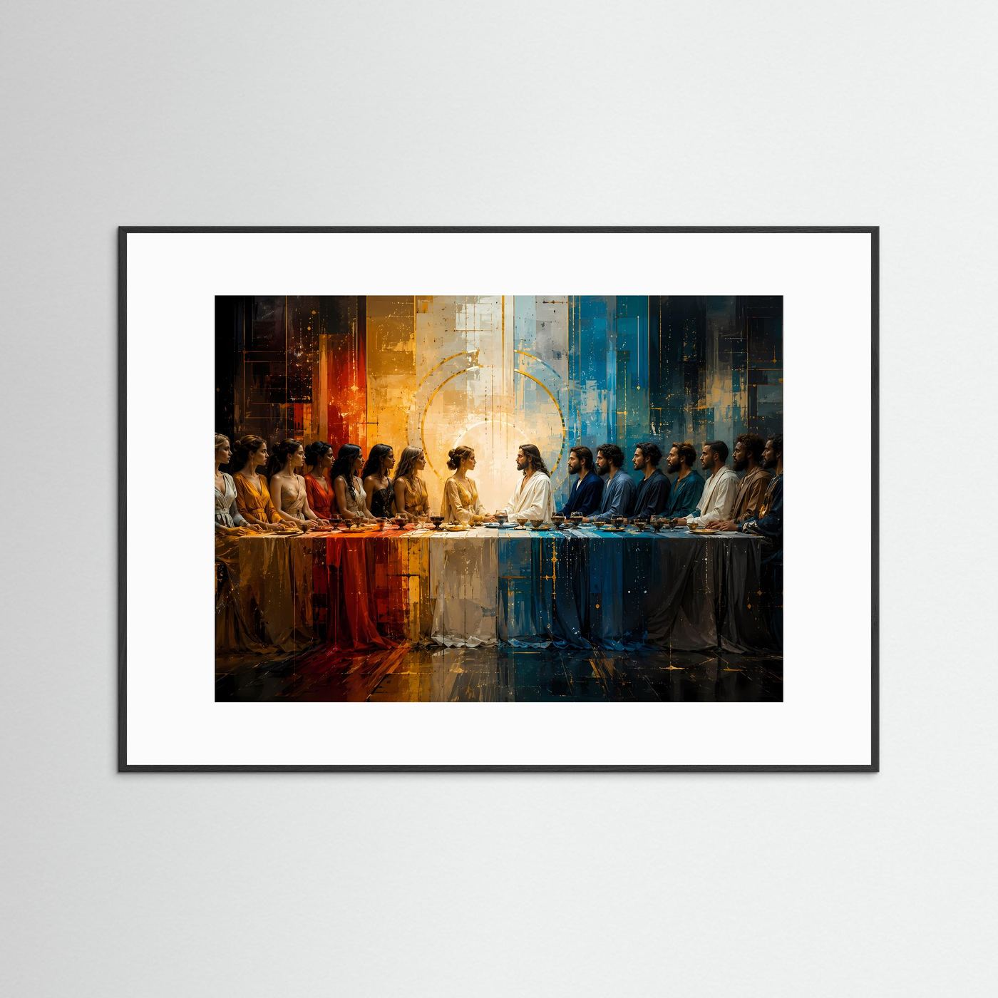 Kunstdruck „Abendmahl“ mit Personen am langen Tisch, schwarzer Rahmen, weiße Passepartout-Optik