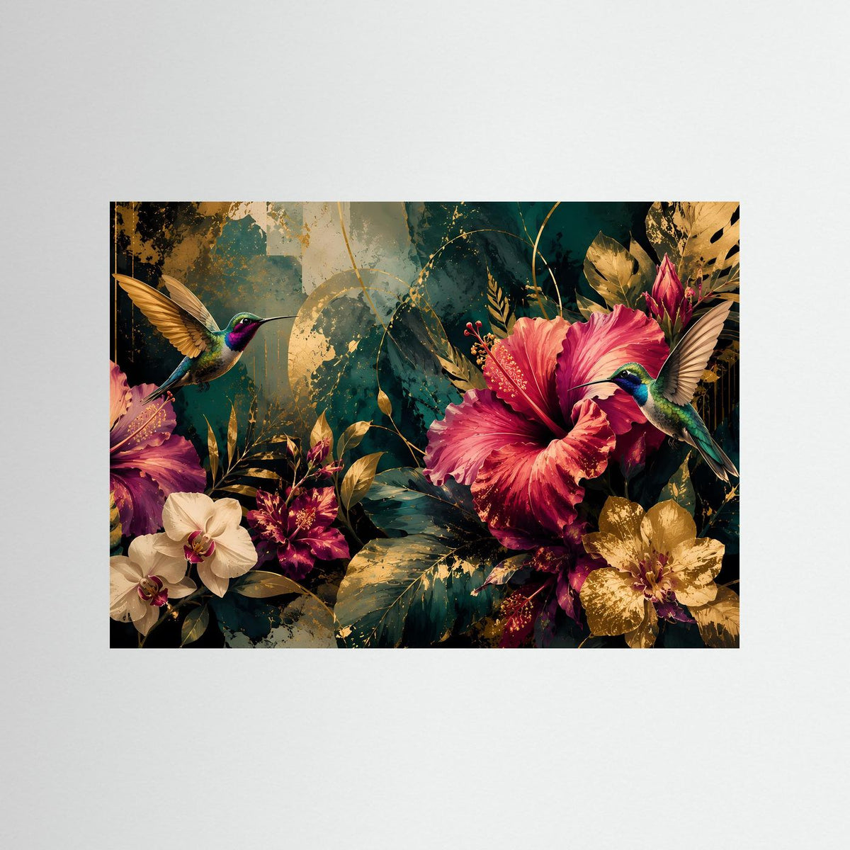 Querformat-Poster mit Kolibris und tropischen Blüten in Pink, Gold und Petrol