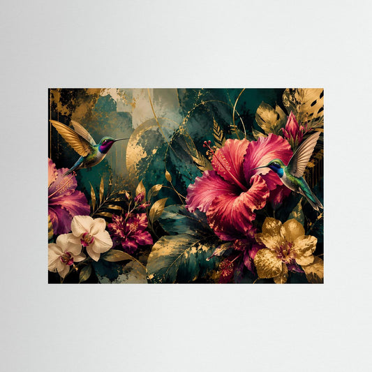 Querformat-Poster mit Kolibris und tropischen Blüten in Pink, Gold und Petrol
