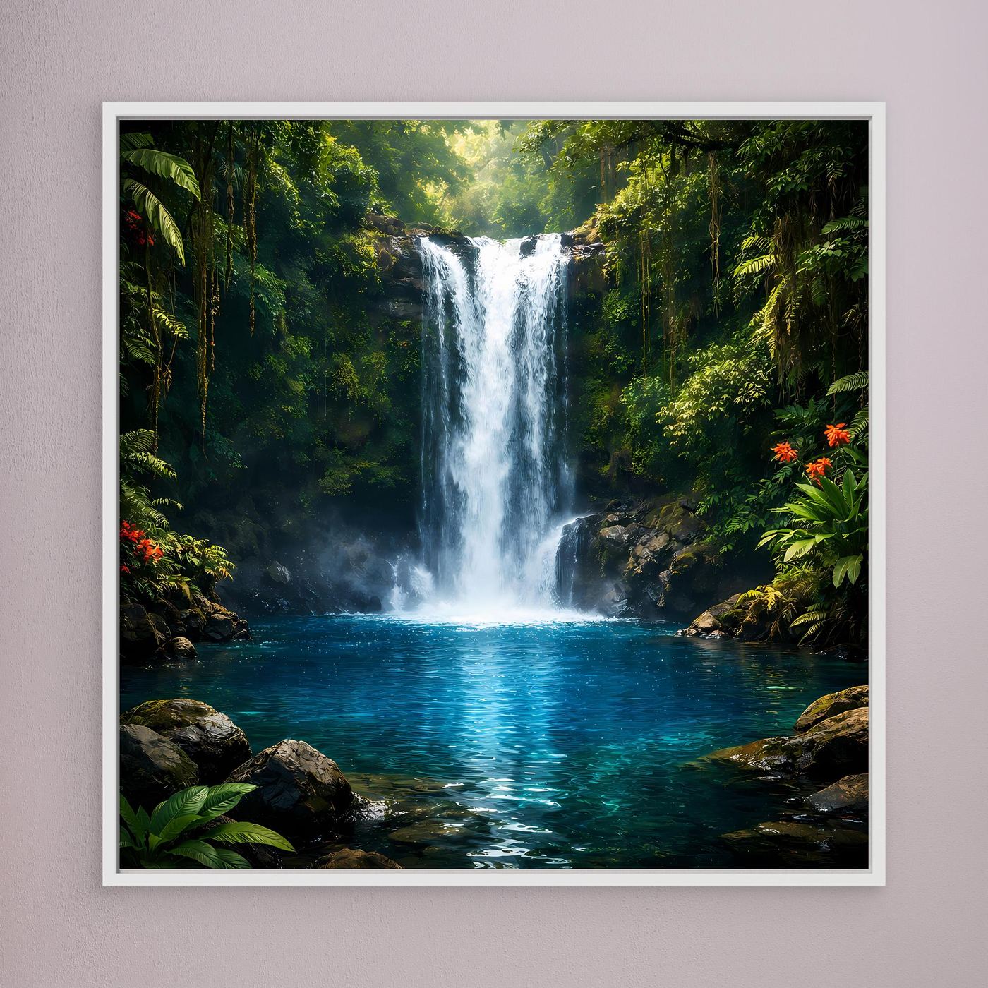 Leinwandbild mit Wasserfall im Dschungel, weiß gerahmt, Wasserfläche in Blau-Tönen