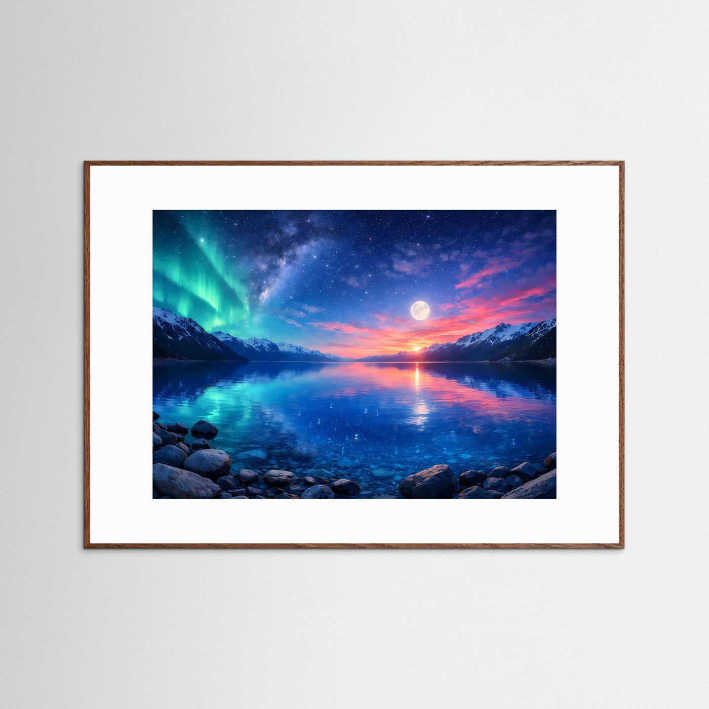 Wandbild mit Polarlicht über Mondsee, Berge und Steinufer, brauner Holzrahmen