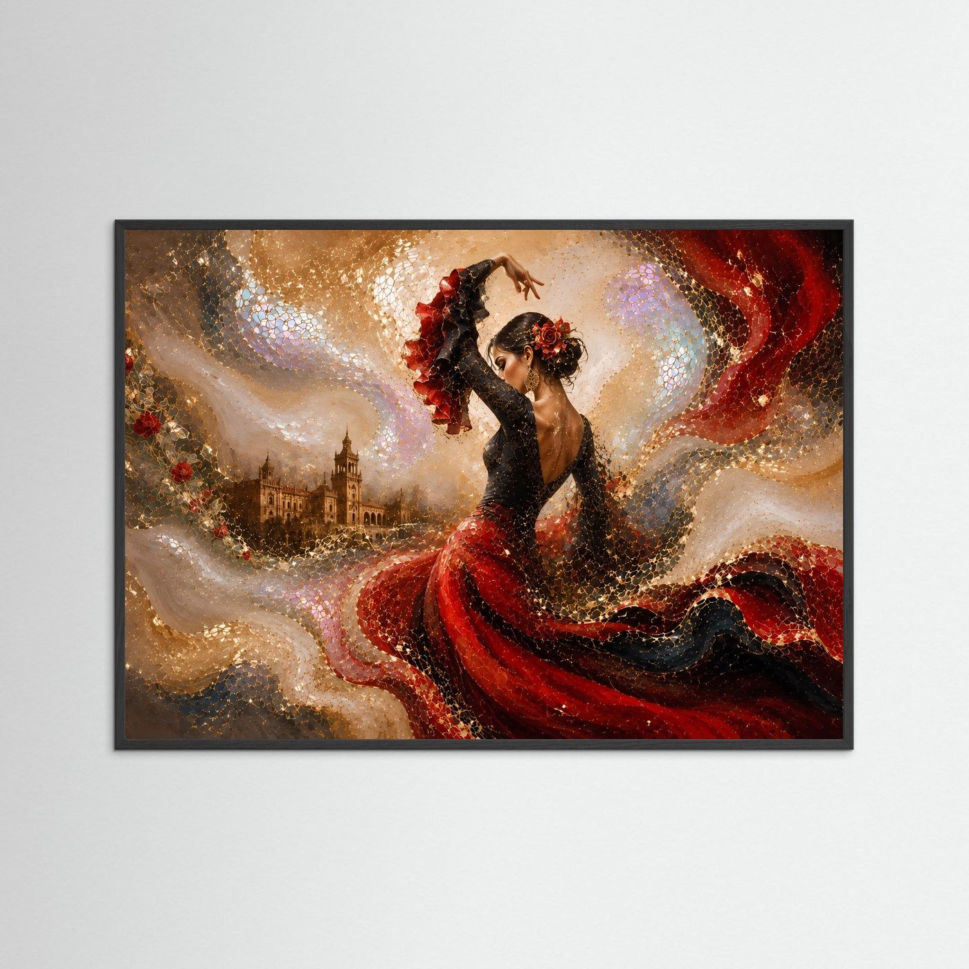 Gerahmte Flamenco-Wandkunst: Tänzerin in schwarzem Kleid mit rotem Fächerrock, schwarzer Rahmen.