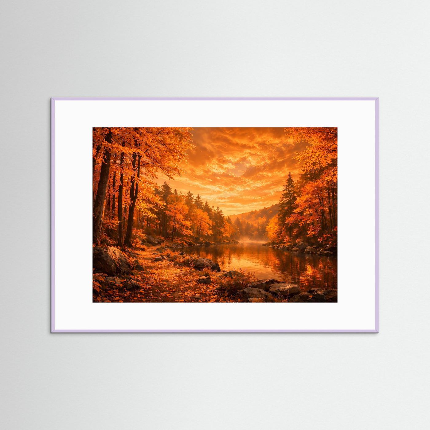 Wandbild: Herbstwald am Fluss, dunkler Rahmen, weißes Passepartout