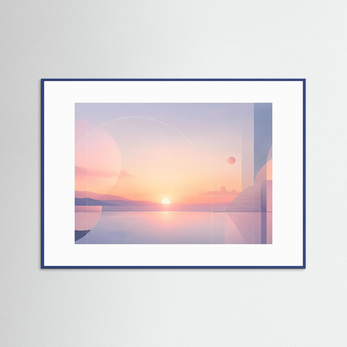Querformat-Poster mit abstrakter Sonnenlandschaft in Rosa und Blau, blauer Rahmen