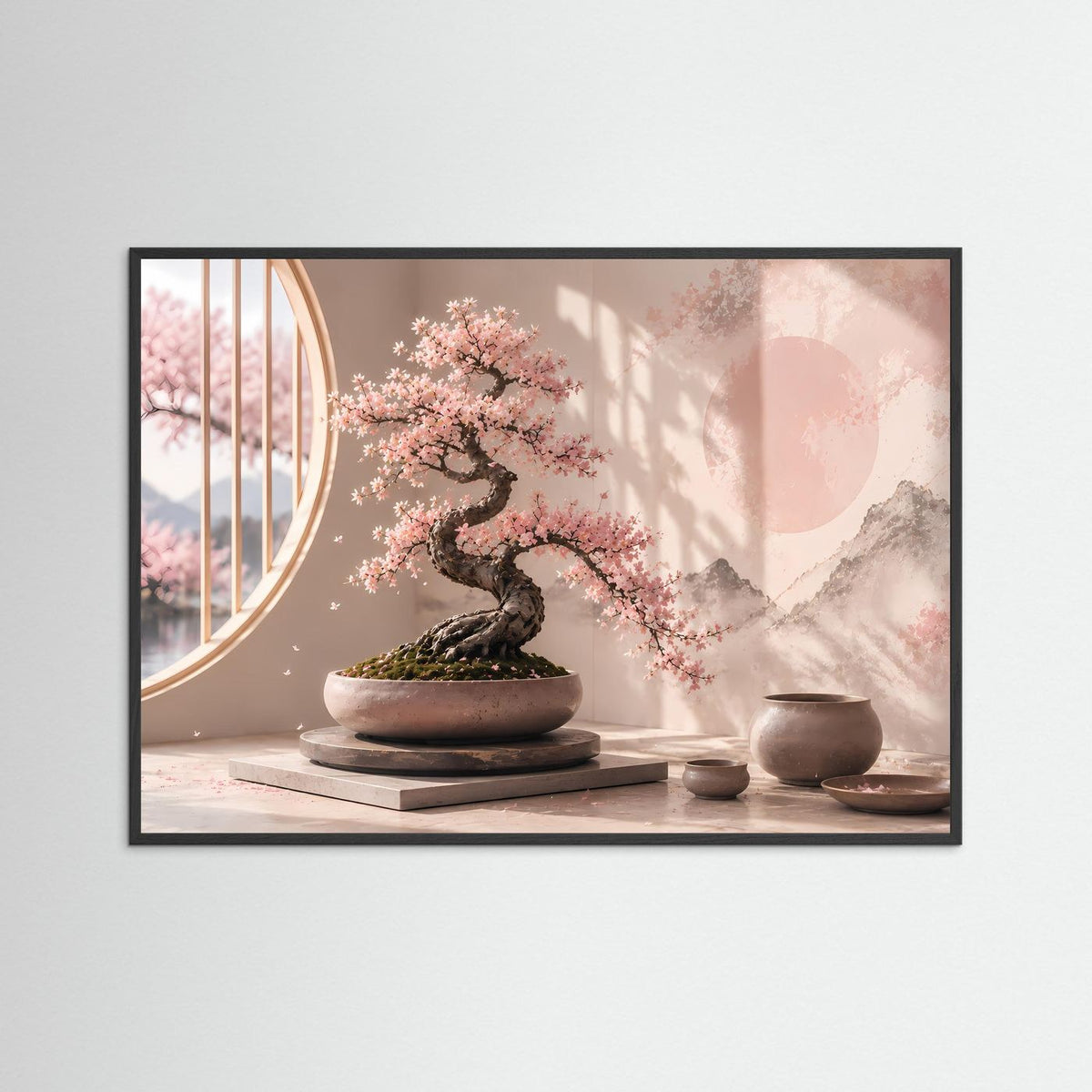 Poster im Querformat mit Bonsai und Kirschblüten in Pastellrosa, schwarzer Rahmen