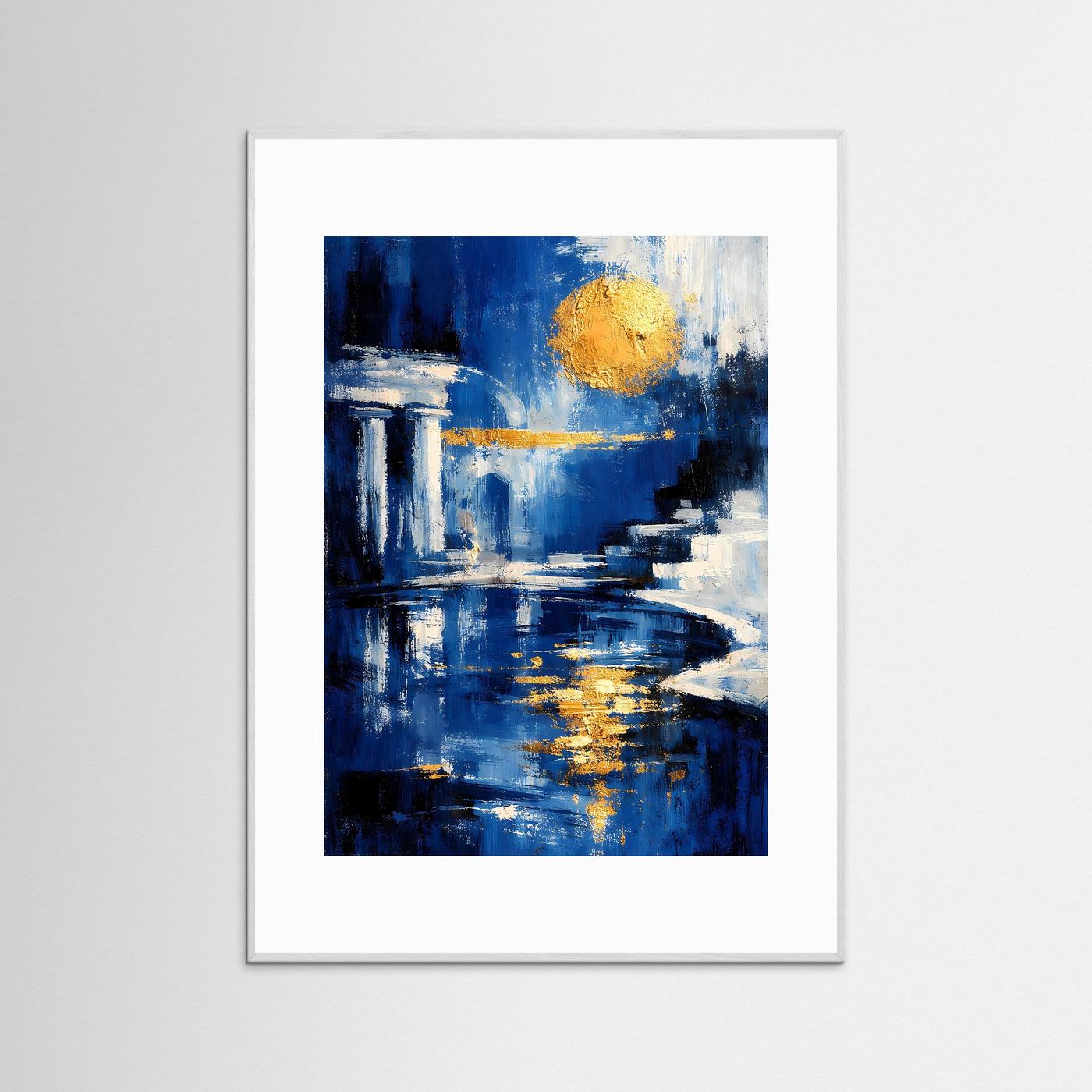 Abstraktes Poster mit antiken Säulen, blauem Wasser und goldenem Mond im weißen Rahmen