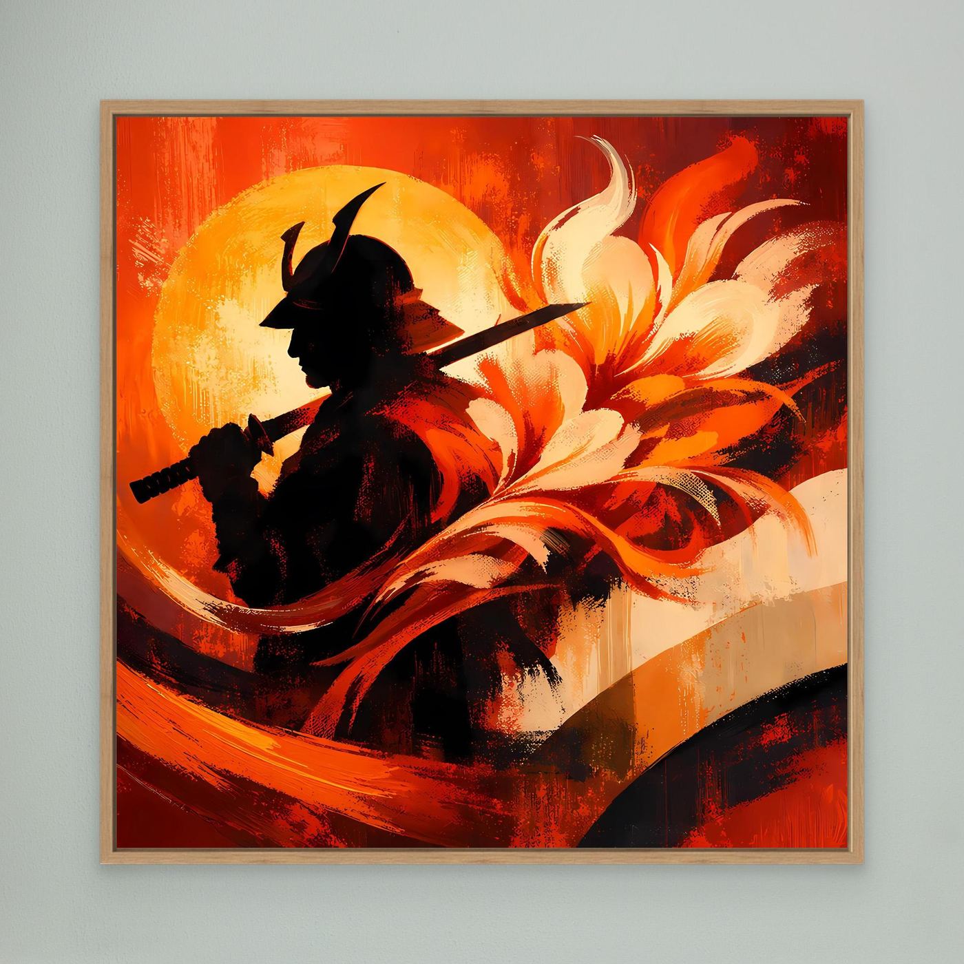 Japanisches Leinwand-Wandbild mit schwarzer Samurai-Silhouette und roten Flammen, Holzrahmen (nah)