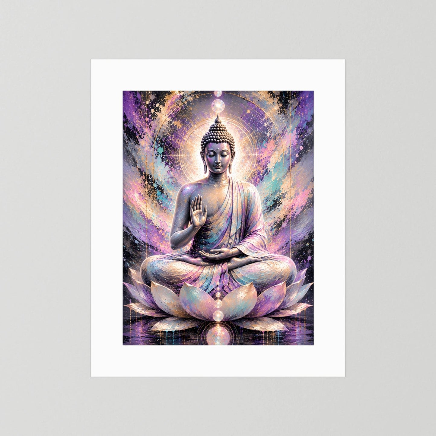 Poster im Hochformat mit sitzendem Buddha, Lotus und Pastell-Aura, weißer Rand
