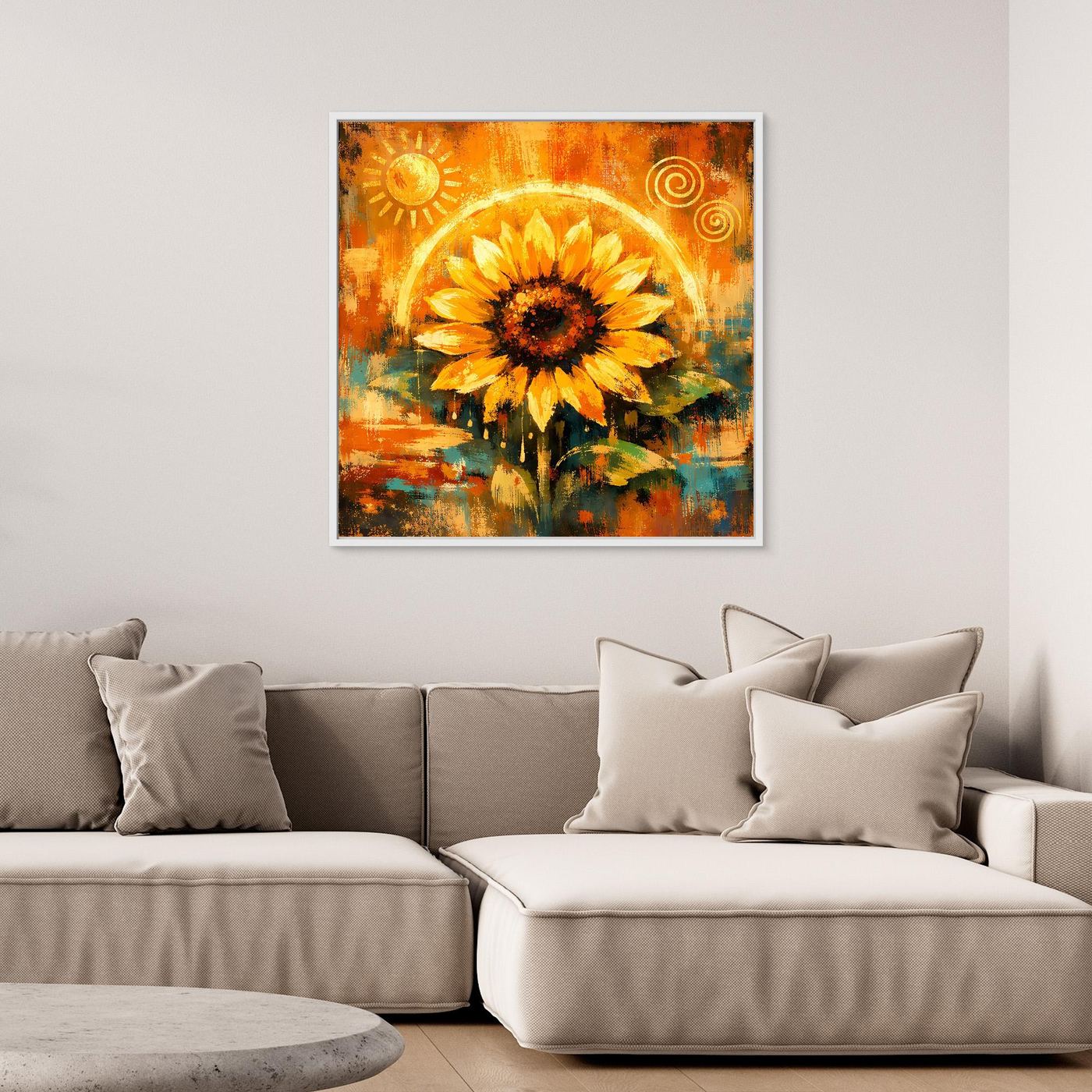 Gerahmtes Leinwandbild mit goldener Sonnenblume, stilisierte Sonne und Kreisornamente
