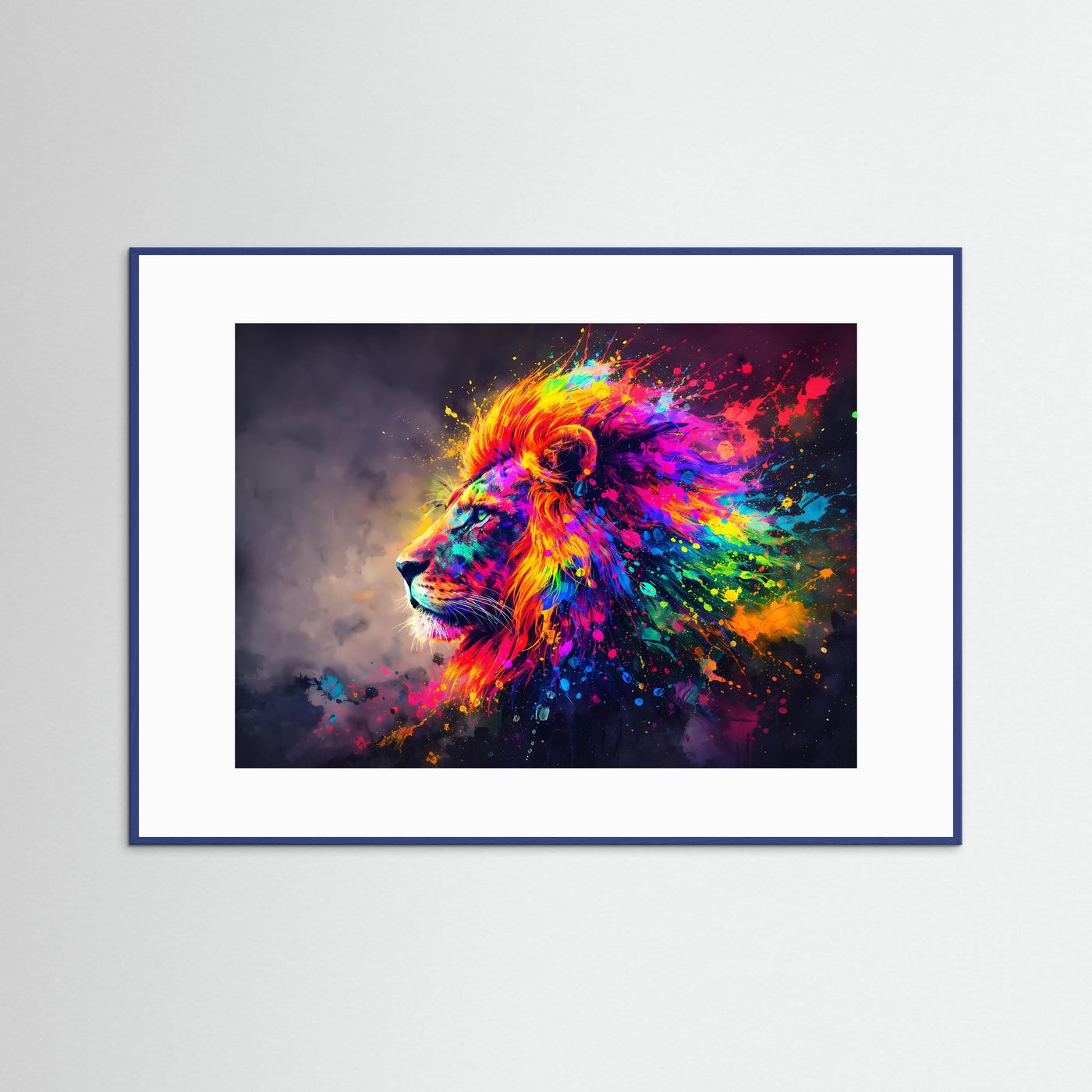 Wandbild mit Löwenkopf in Regenbogenfarben, Querformat, blauer Rahmen