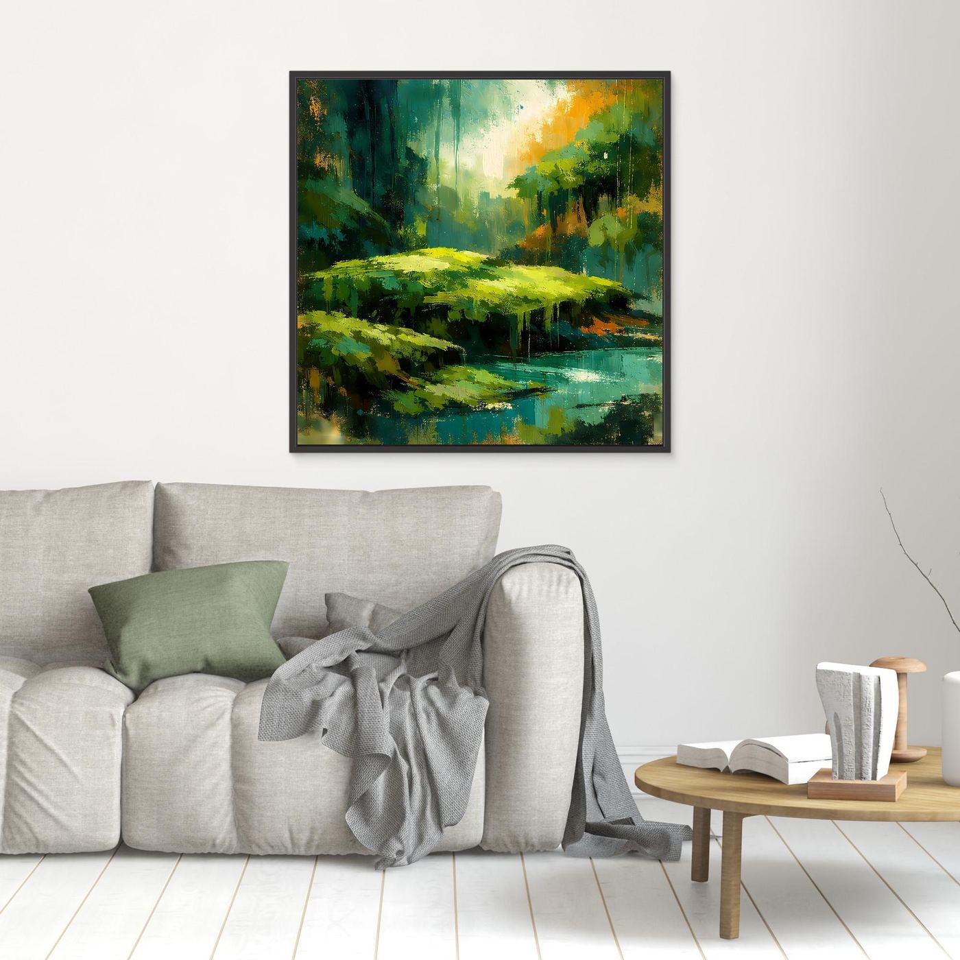 Wandbild mit abstraktem Dschungel und Fluss, grün-gelb, schwarz gerahmt