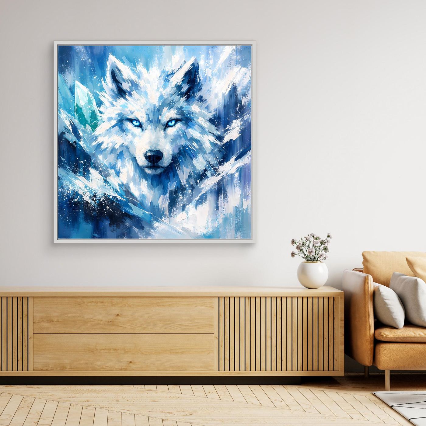 Gerahmtes Leinwand-Wandbild mit Eiswolf im Blizzard, blaue Schneeszene