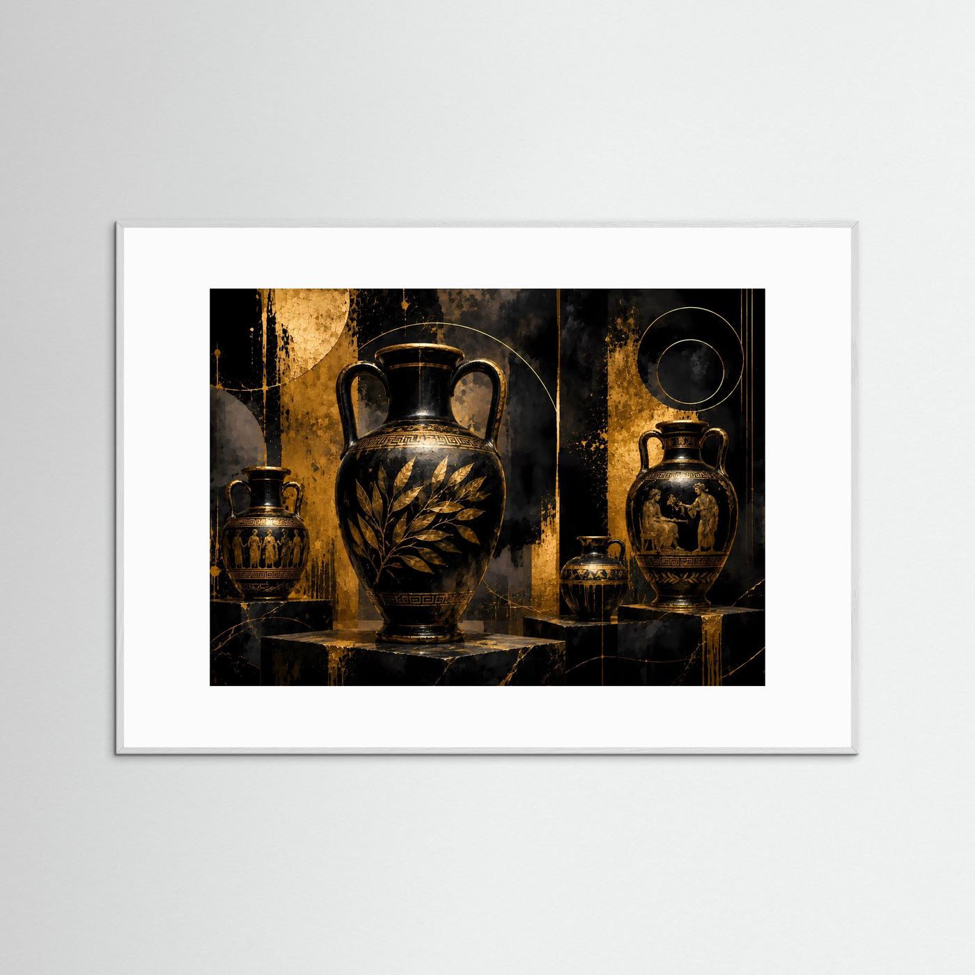 Gerahmter Kunstdruck mit antiken Amphoren in Schwarz und Gold, zentrale Amphore mit Blattornament