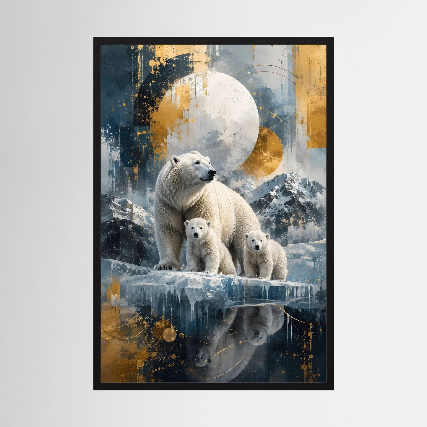 Poster mit schwarzem Rahmen und Eisbärenfamilie, Mond über Eis, blau-goldene Farbgestaltung