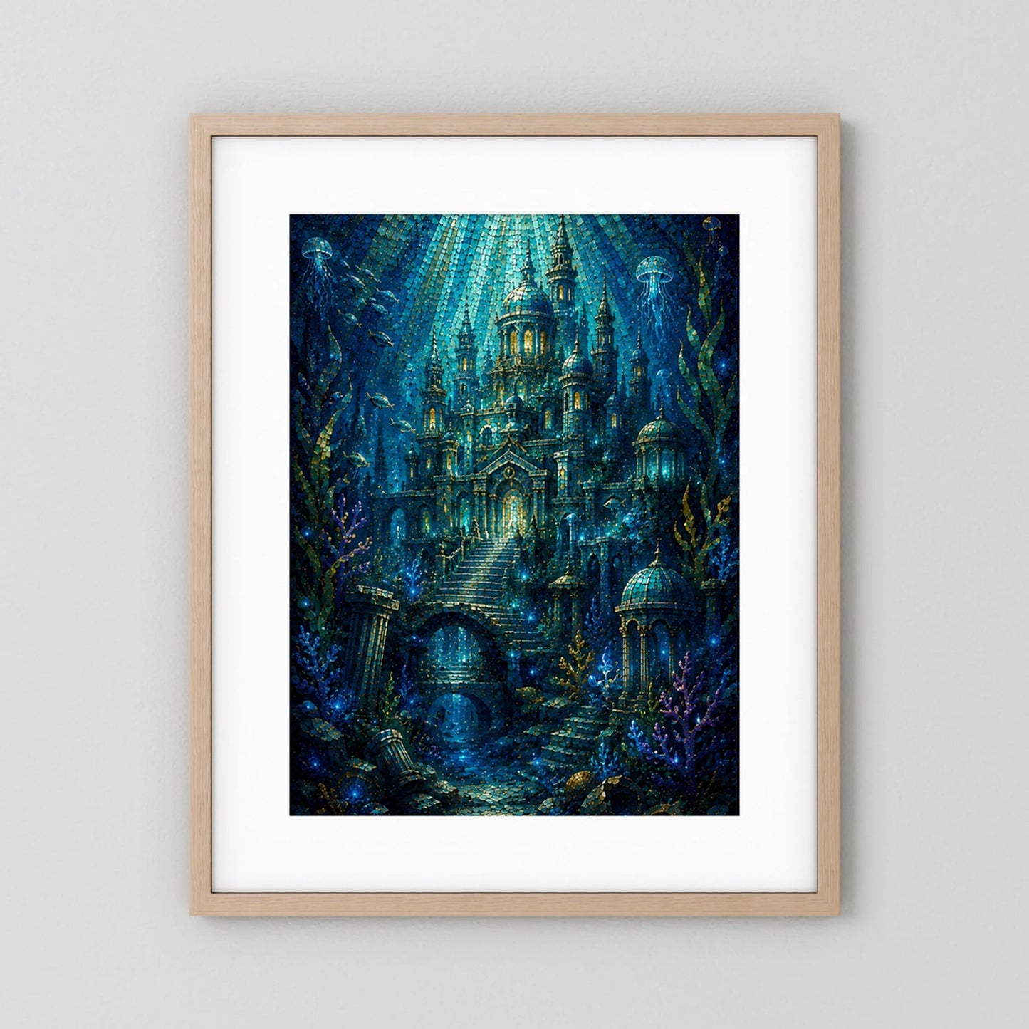 Hochformat-Poster mit Unterwasserstadt im Mosaikstil, Blau und Gold, heller Holzrahmen