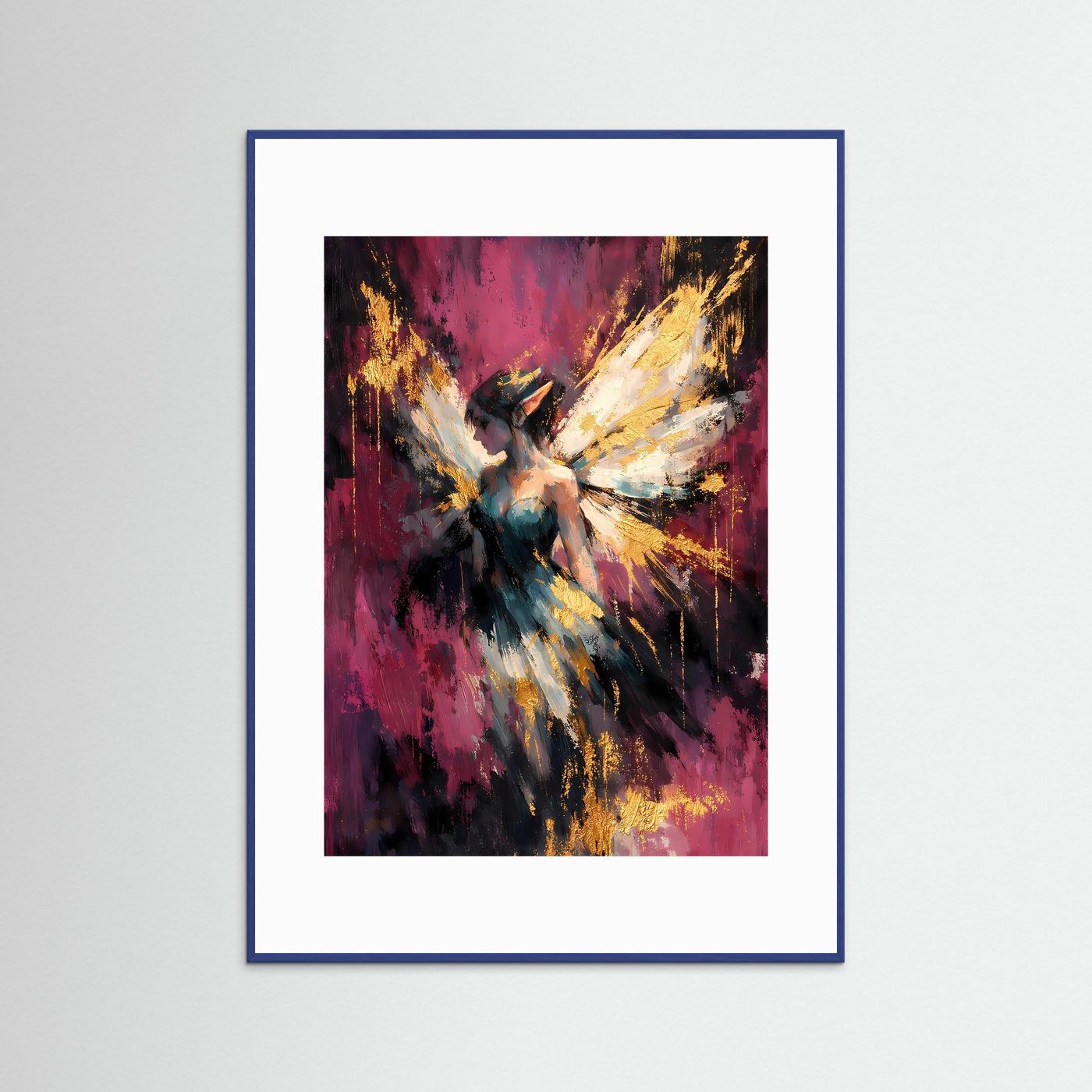Fantasy-Poster im blauen Holzrahmen mit weißem Passepartout und Feenmotiv in Farben