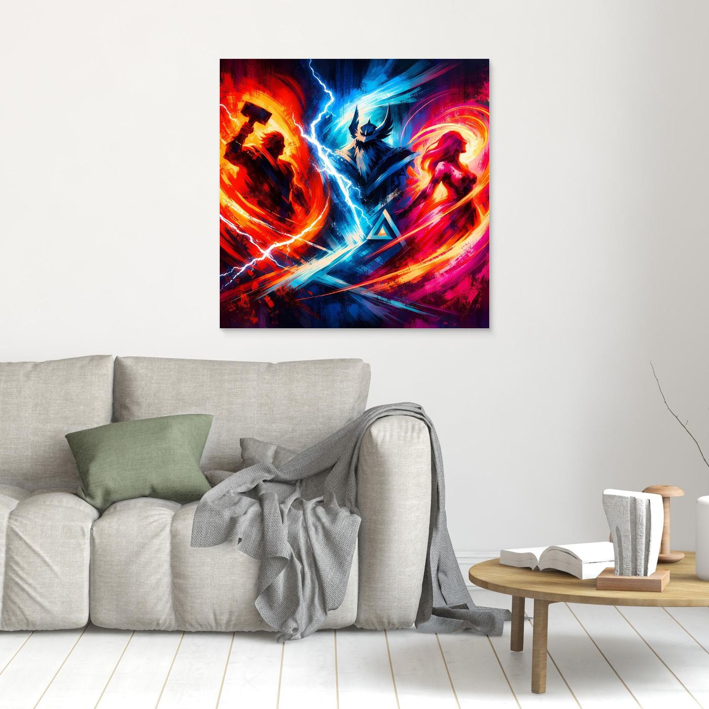 Neon-Fantasy-Wandbild im kleinen schwarzen Rahmen: blaue Blitz- und rote Wirbelgrafik