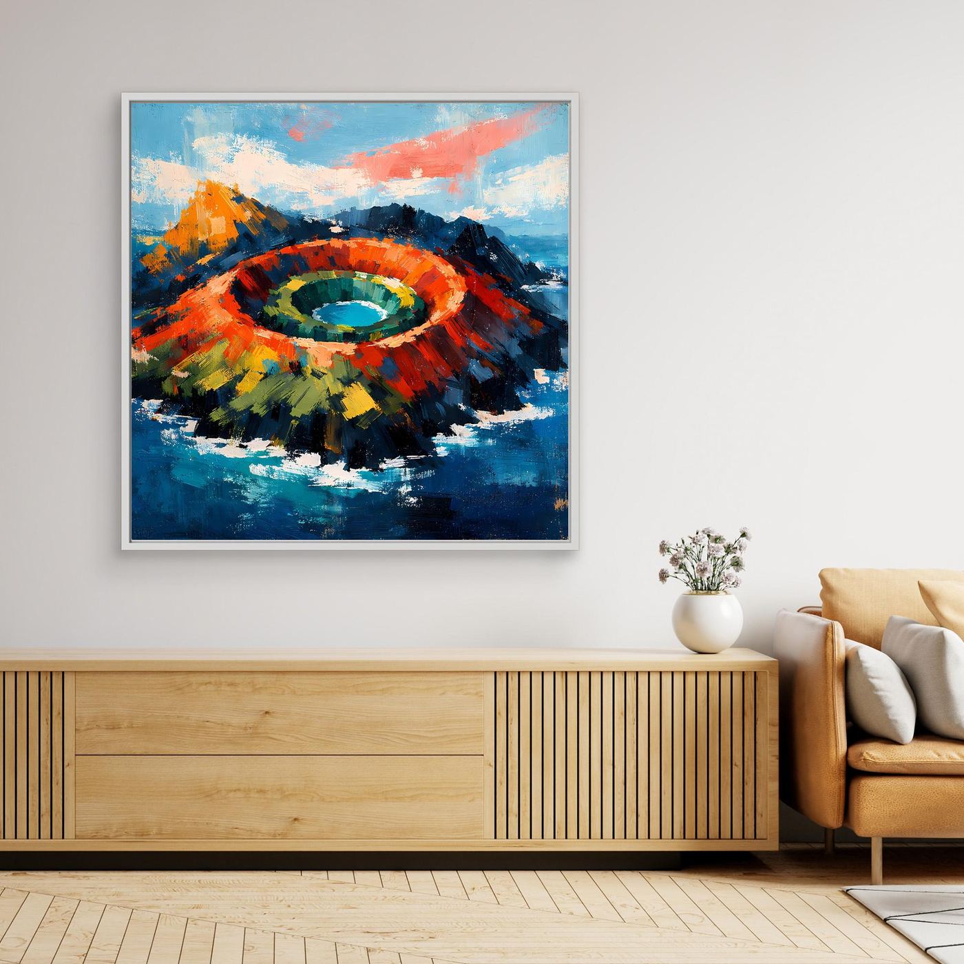 Abstraktes Leinwand-Wandbild mit Vulkankrater, mehrfarbig, silberner Rahmen