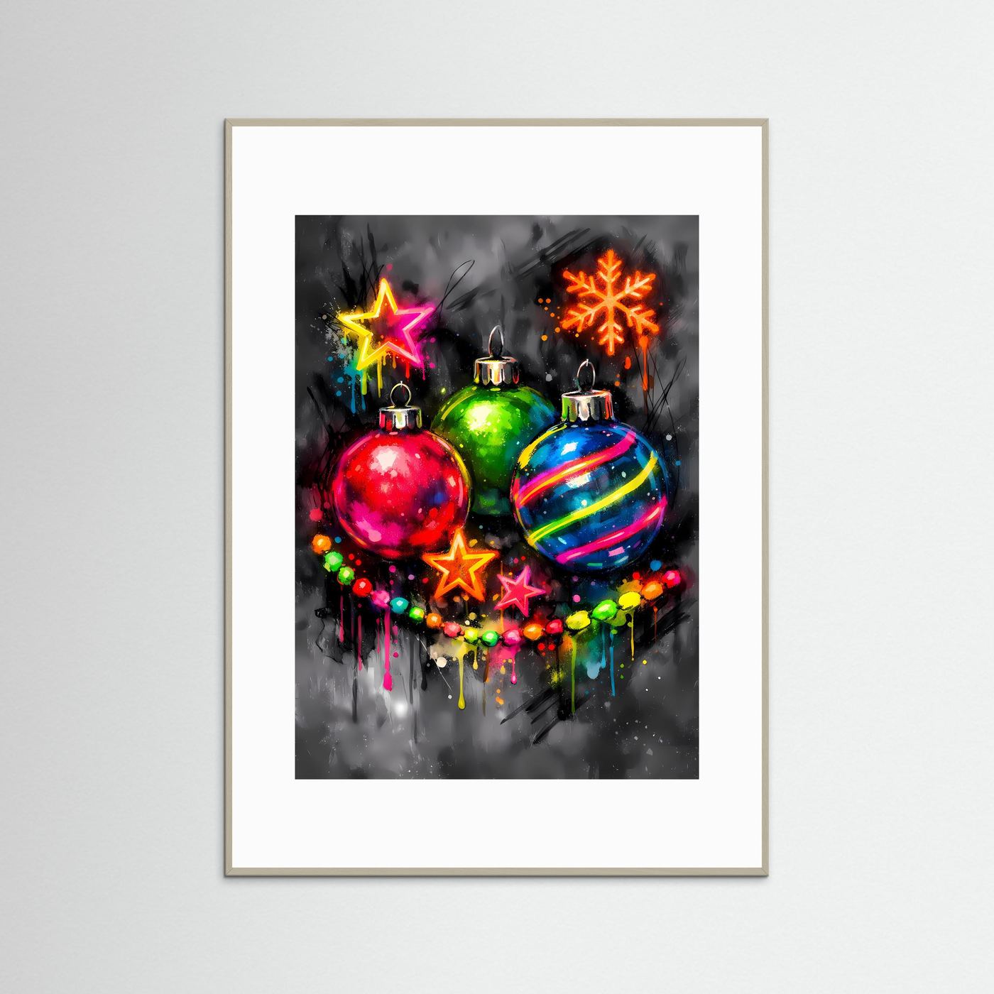 Die Magie des Festes | Neon Weihnachtskugeln Poster in bunten Farben | Abstraktes Kunstposter Hochformat