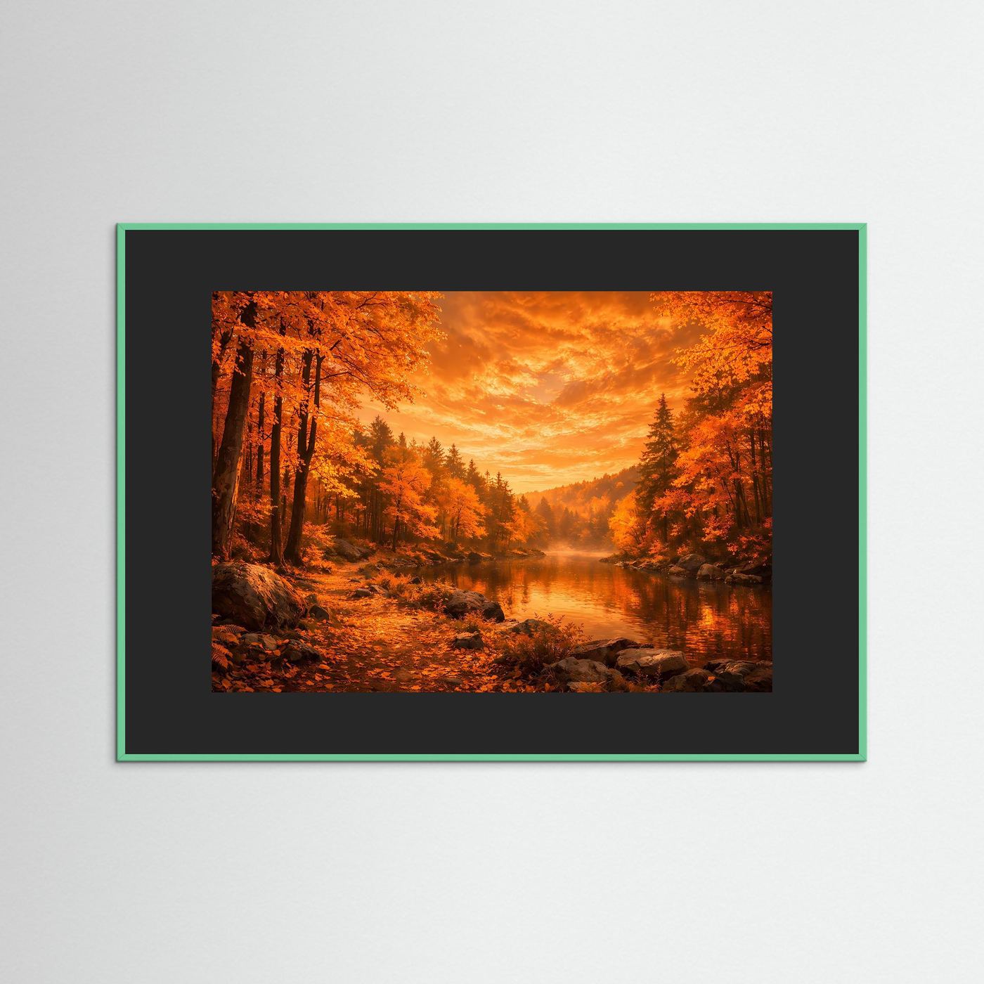 Wandbild: Herbstwald am Fluss, grünlicher Rahmen, dunkles Passepartout