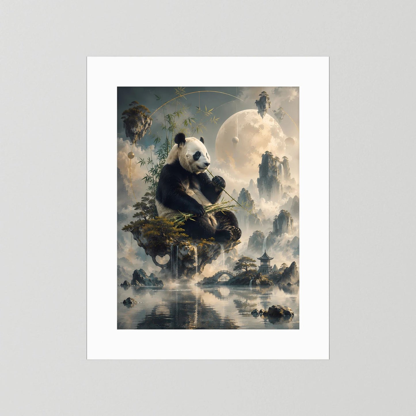 Kunstposter im Hochformat mit Panda auf Felsinsel, mit weißem Rahmen und Rand