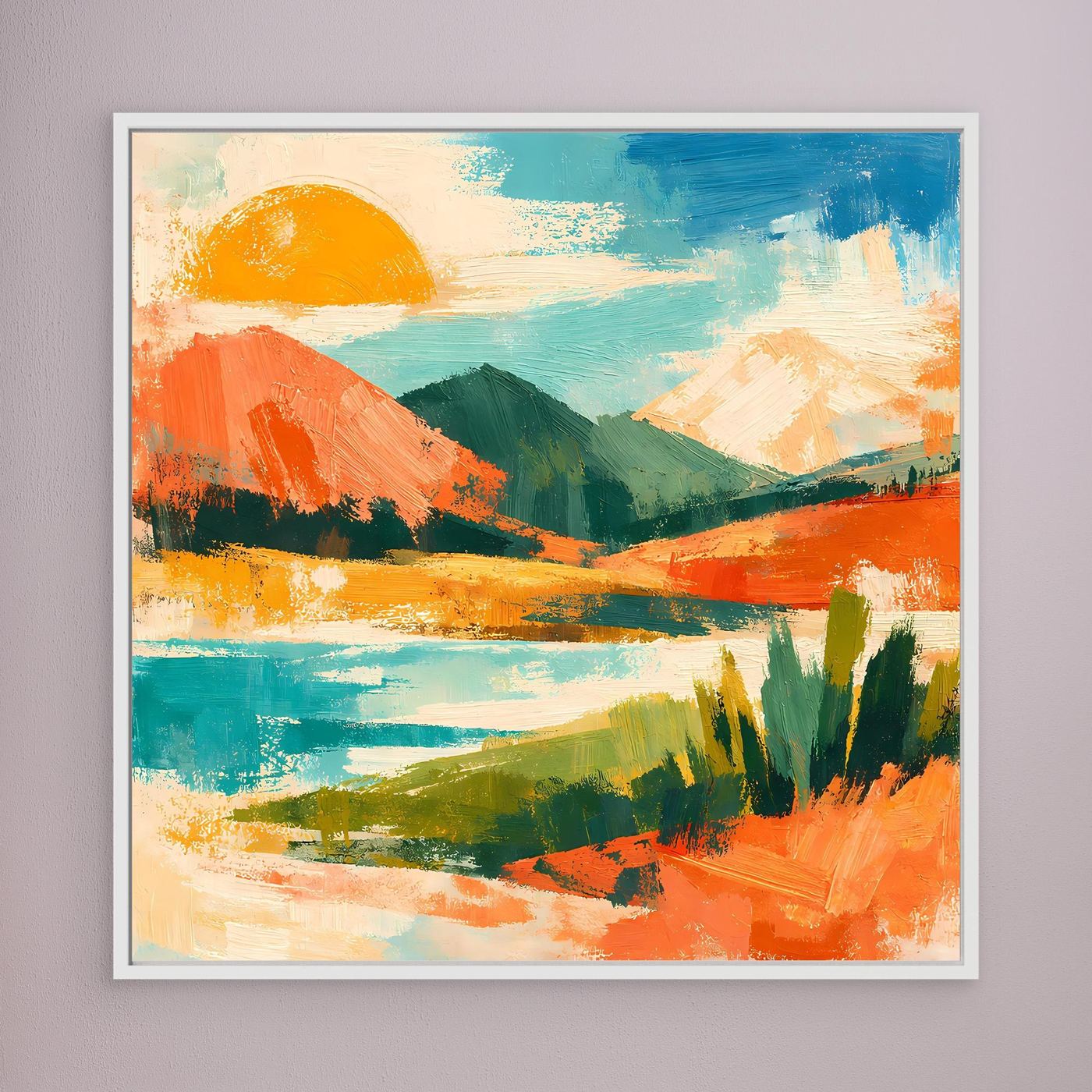 Weiß gerahmtes abstraktes Leinwand-Wandbild mit See, Bergen und Sonnenmotiv