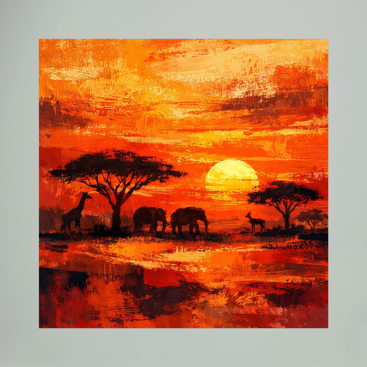 Leinwand-Wandbild: orangefarbener Himmel, schwarze Tier- und Baumsilhouetten mit Wasserreflexion