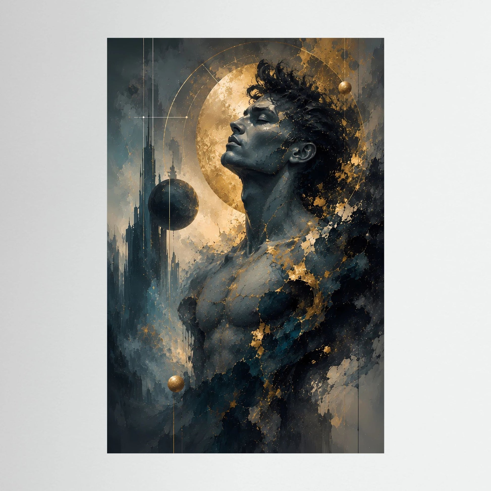 Kosmischer Mann in Gold und Anthrazit | Mystische abstrakte Weltraumkunst | Poster Hochformat