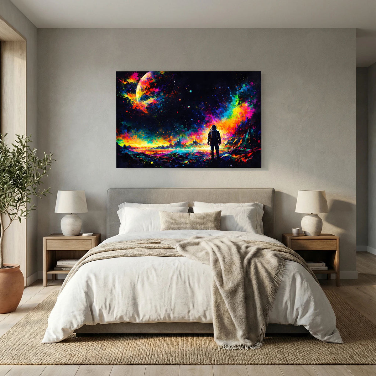 Wandbild im Querformat mit Astronautensilhouette und farbigem Sternenregen