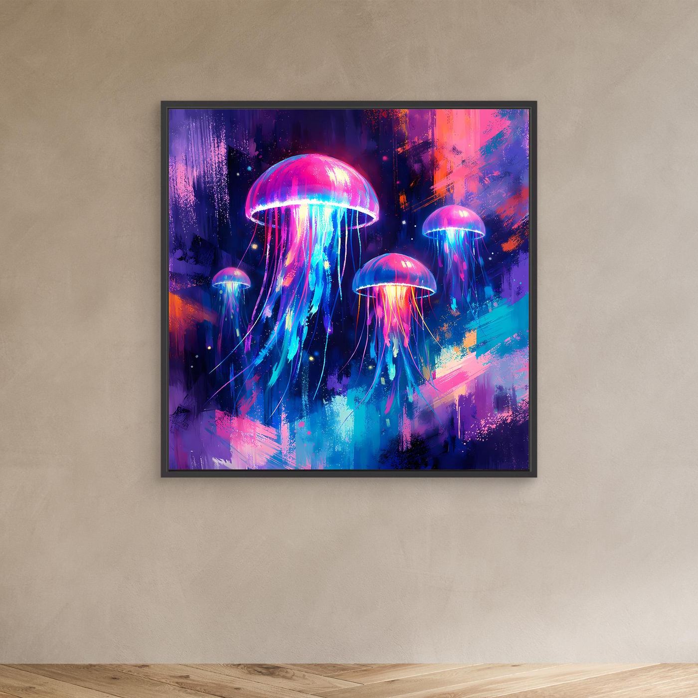 Leinwand Magische Leuchtquallen im Tiefsee-Ozean | Abstraktes Neon Wandbild