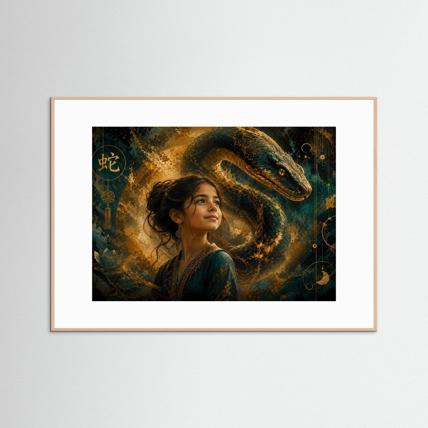 Fantasy-Poster im Querformat: Frau mit grüner Schlange, Gold- und Petroltönen, Holzrahmen