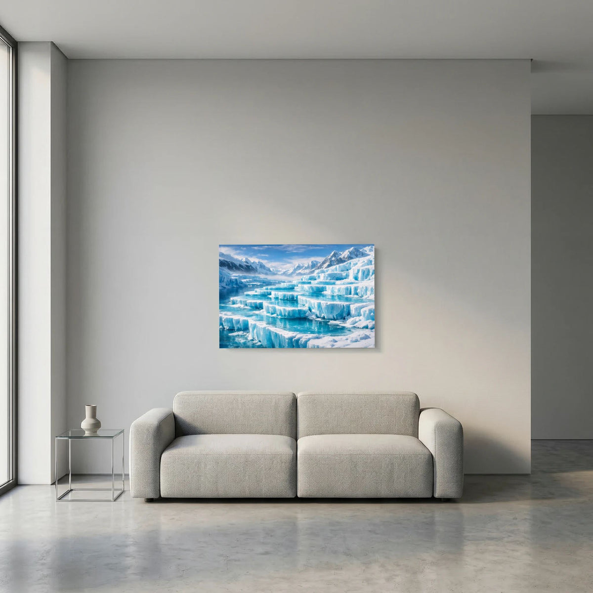 Kleines Querformat-Wandbild mit blauem Gletschermeer, Eisfeldern und Bergspitzen