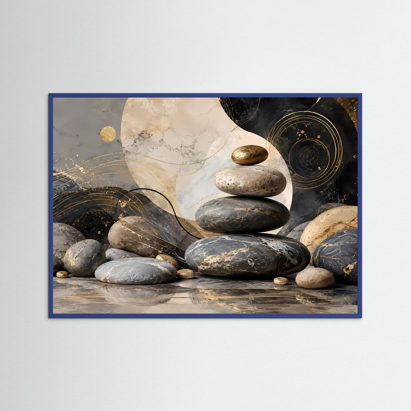 Zen Steine in Schwarz, Gold und Creme | Abstrakte Balance & Harmonie mit Marmorstruktur | Elegante moderne Wellness Kunst im Querformat