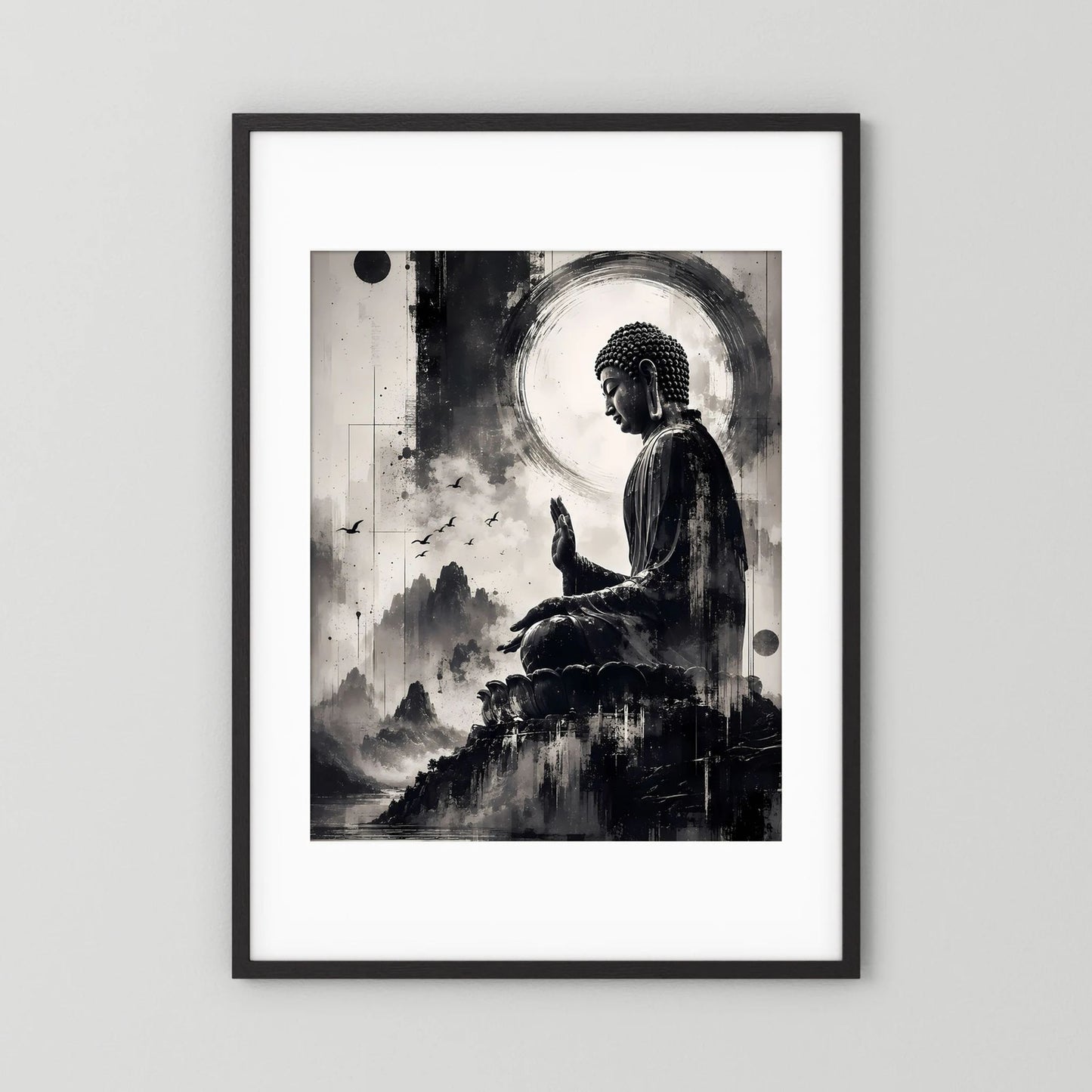 Poster mit Buddha-Motiv, Schwarzweiß, im schwarzen Rahmen