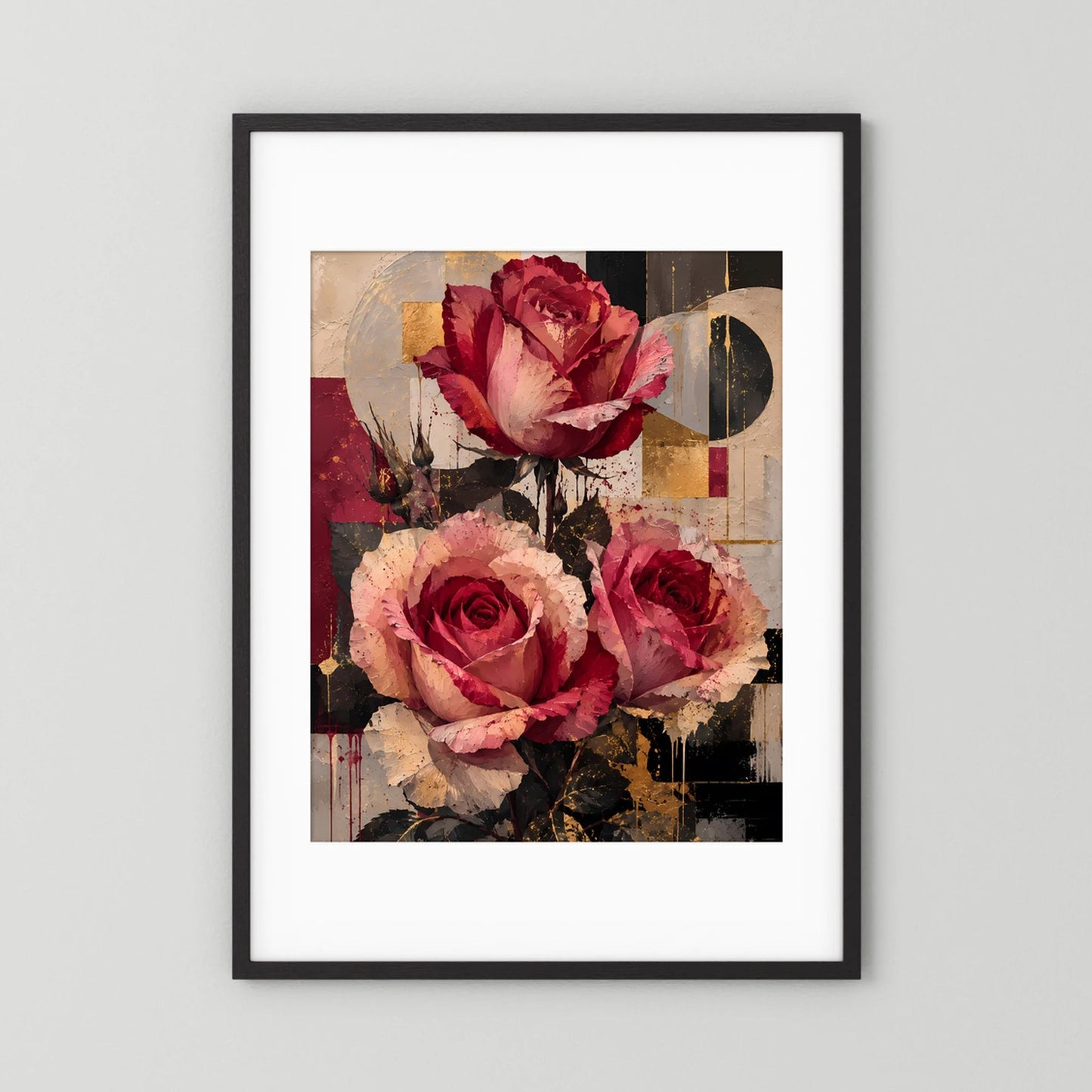 Blumenposter mit Rosen in Rot und Rosa; schwarzer Rahmen mit weißem Rand, Hochformat.