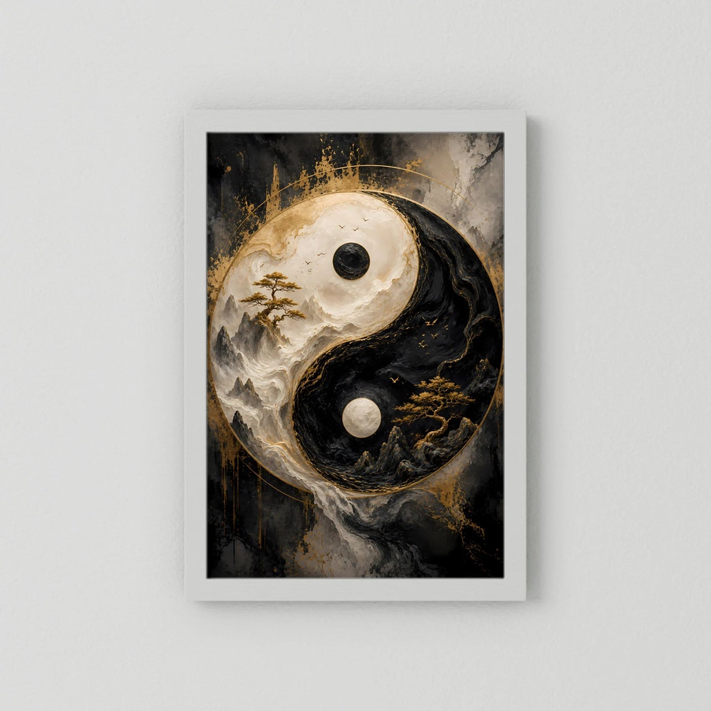 Hochformat-Poster Yin-Yang in Schwarz und Gold mit Berglandschaft, weißer Rand