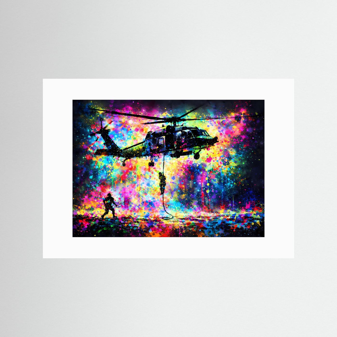 Actionposter mit Hubschrauber im Pop-Art Splash, ohne Rahmen, weißer Rand