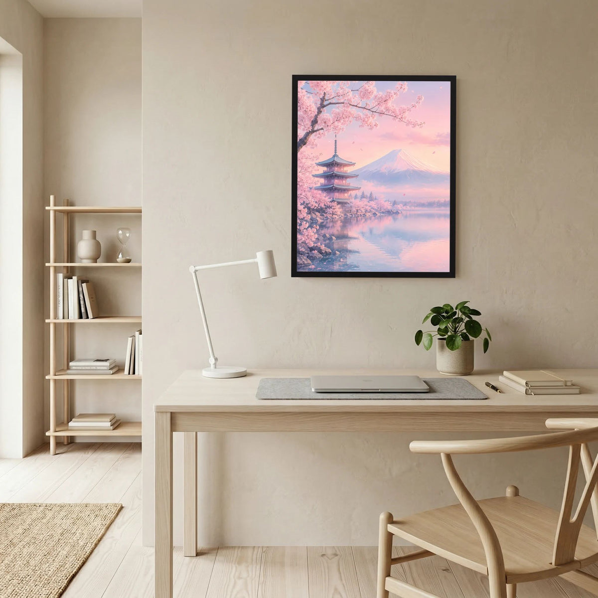 Gerahmtes Poster im Hochformat mit Kirschblüten, Fuji und Pagode in Pastellrosa
