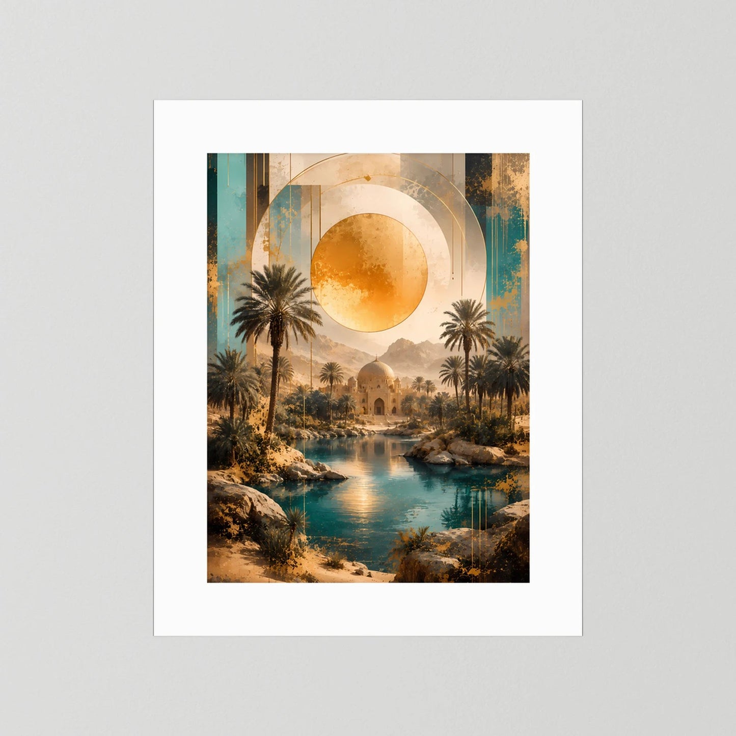 Hochformat-Poster mit Palmen, goldener Sonne und türkisfarbenem Fluss im weißen Rand