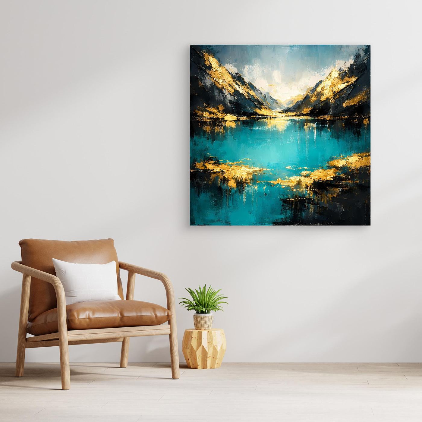 Abstraktes Leinwand-Wandbild: türkisblauer Bergsee mit goldenen Akzenten, ohne deutlichen Rahmen