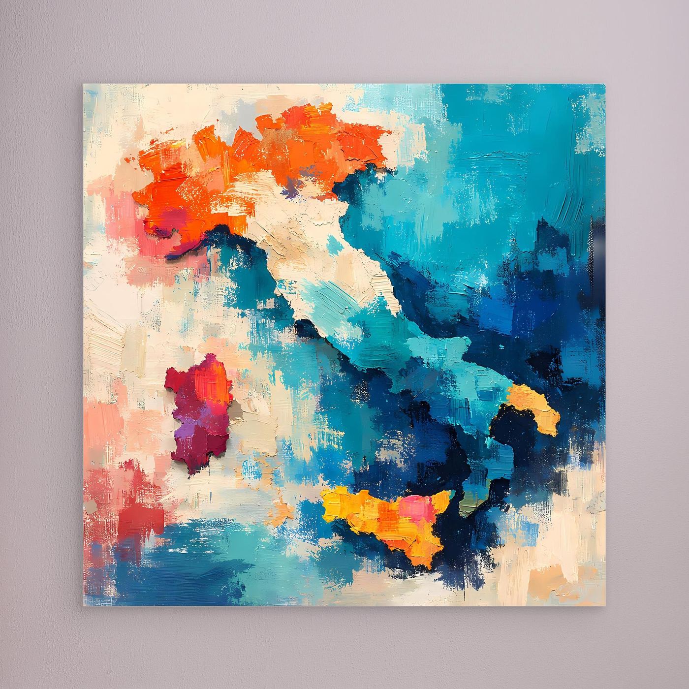 Abstract Italy map canvas wall art with no visible frame, blue and orange paint textures.